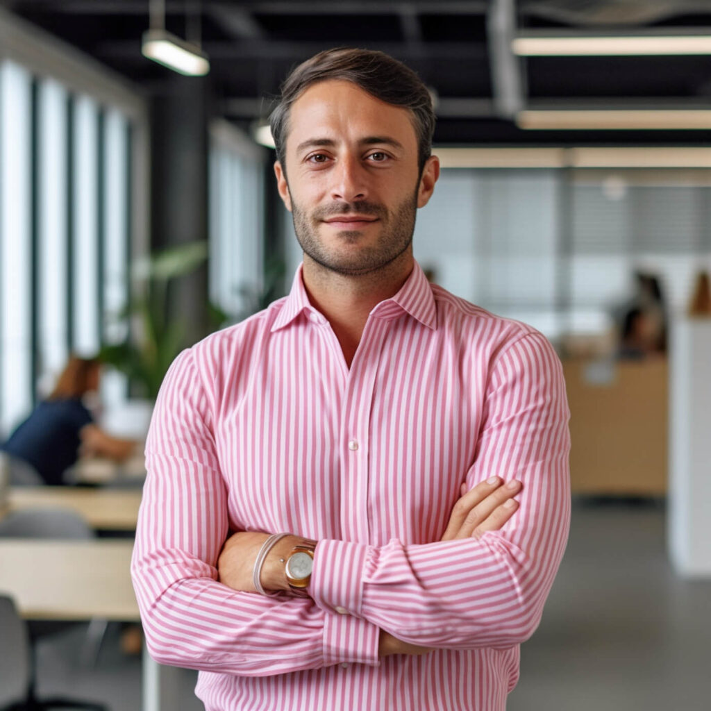 Man with confident smile and crossed arms in office setting - Public Speaking Training